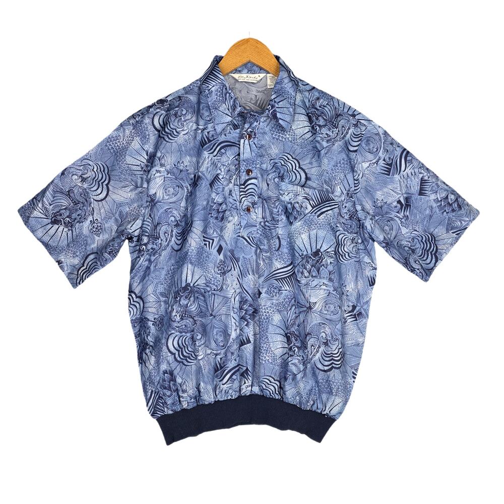 VINTAGE 70'S LILLY DACHÉ CALIFORNIA TOP – WOMEN'S SIZE L – BLUE ABSTRACT PRINT